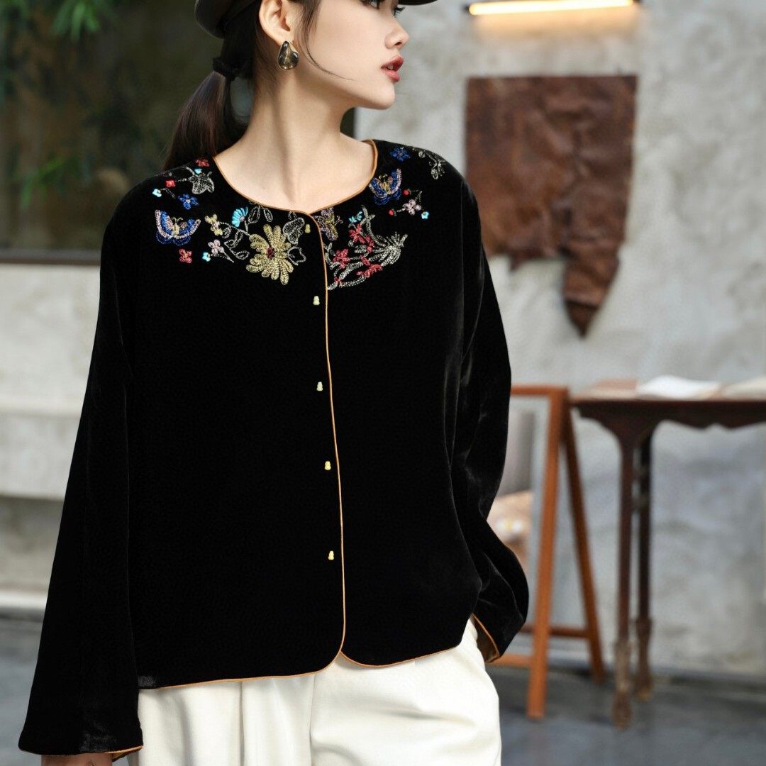 诺诺店花金线刺绣双面穿外套真丝丝绒正反两穿短外套YS225-G416,女装/女士精品,时尚套装,淘宝优惠券,粉丝福利购,淘宝优惠卷