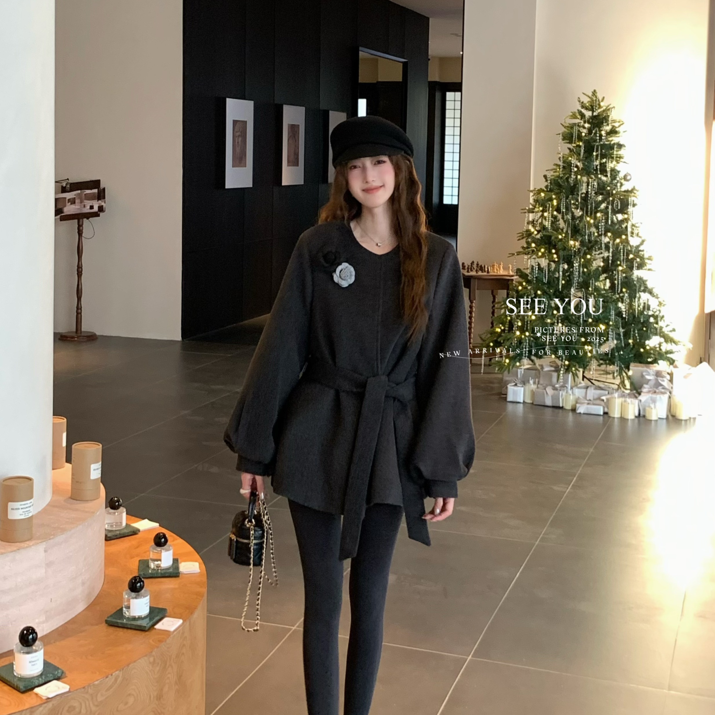 诺诺设计计简约百搭双面呢外套大衣(配腰带)(配可拆卸胸针)3577H