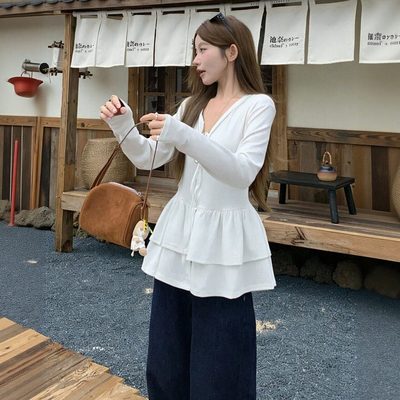 诺诺层系带设计感长袖T恤女春季舒适休闲拼接上衣小衫6689