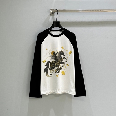 诺诺店26年早春小众马上有钱撞色领拼接长袖T恤DM2603092