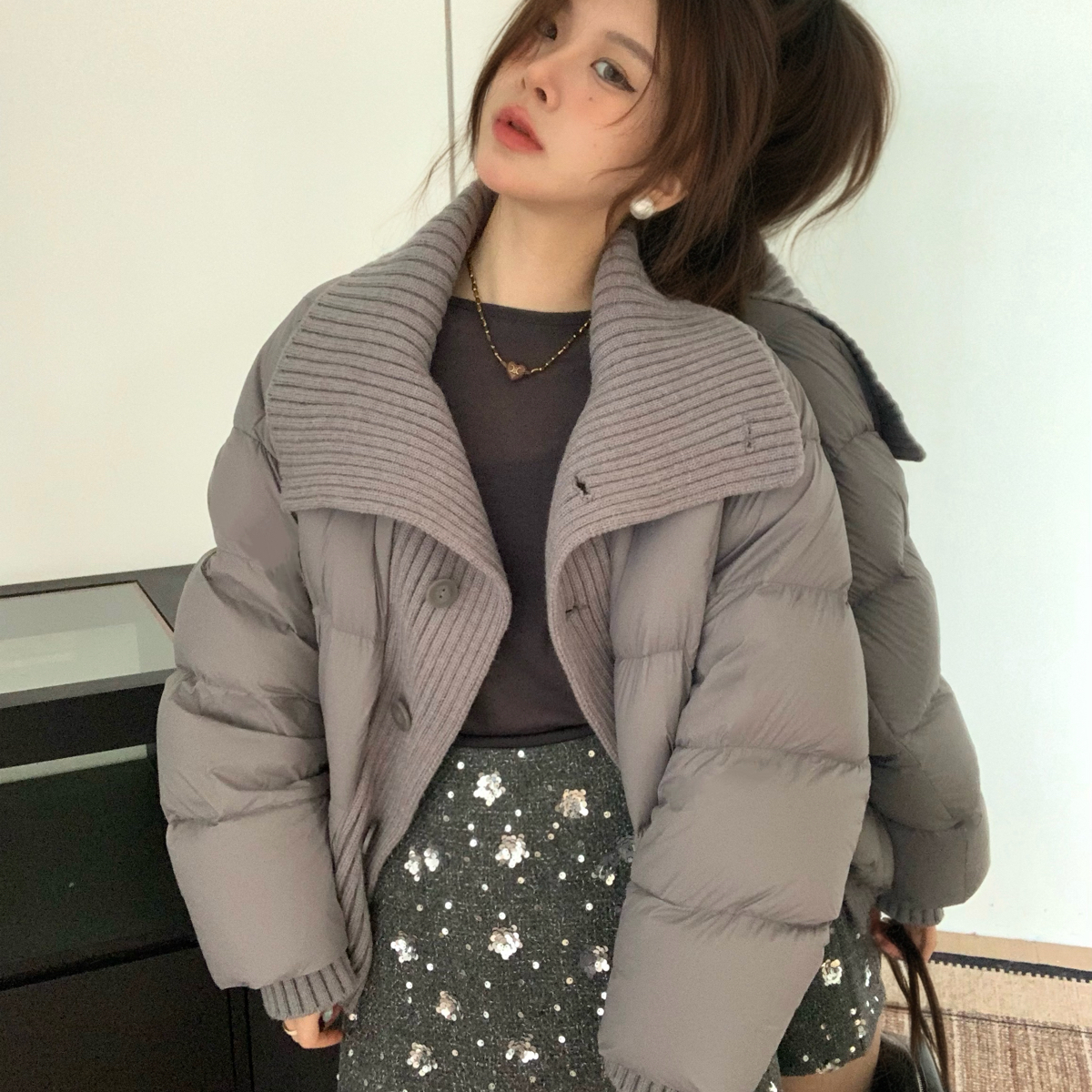 诺诺小众设计弹螺口廓形面包款羽绒服保暖羽绒服外套20325