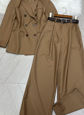 诺诺设计店装外套+直筒阔腿裤两件套装(配腰带)（含30羊毛）A9769