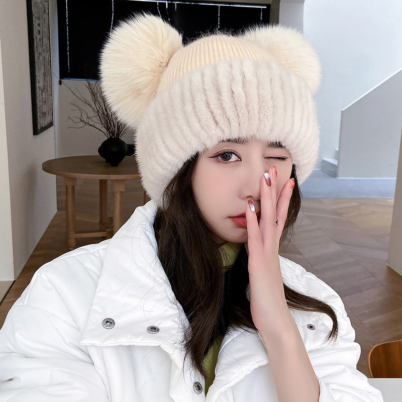 新款皮草帽子水貂毛针织帽狐狸毛球球可爱米奇帽冬季保暖卡通女帽