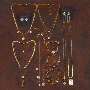 83钛钢四叶花多双层叠戴天然母贝壳简约吊坠金色淑女项链耳环夹钉