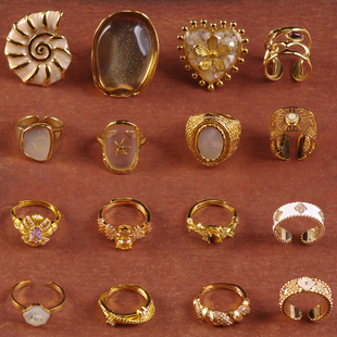 F天然母贝壳虎眼石海螺造型夸张钛钢开口可调宫廷中古着风戒指环