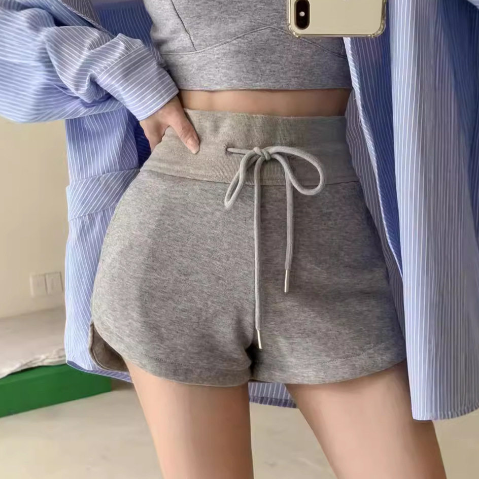 灰色运动短裤辣妹热裤白色休闲裤女装夏季高腰直筒裤百搭黑色裤子 - 实物图