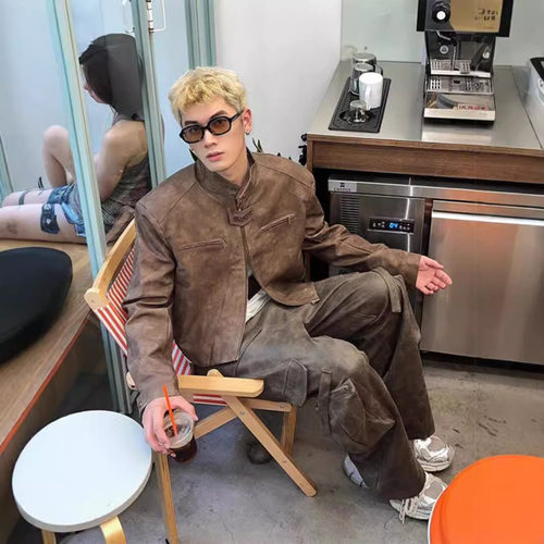 咖棕色短款皮衣外套男春秋痞帅高级感男装cleanfit正肩飞行员夹克