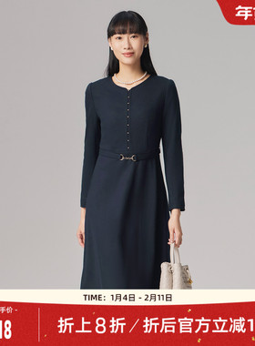 歌蒂诗绵羊毛冬季专柜新款中长款深蓝色长袖气质连衣裙1E46L2943