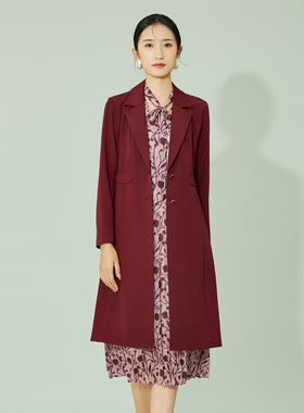 歌蒂诗红色中长款风衣外套女英伦风大翻领气质系带收腰1B31F2203