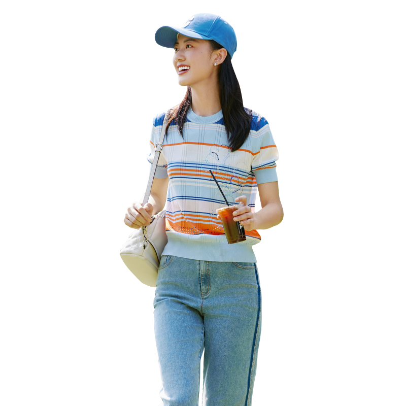 歌蒂诗春夏专柜新款显瘦彩色条纹小清新短袖针织衫 1E14Z1504