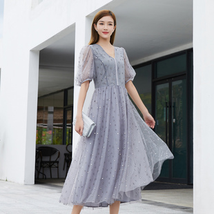 波点连衣裙女6D21L3111 网纱拼接V领泡泡袖 歌蒂诗夏季 专柜新款