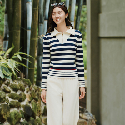 【含绵羊毛】歌蒂诗秋专柜新款简约气质经典条纹针织衫 1E33Z1606