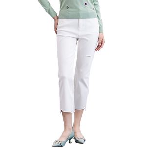 裤子发黄-夏专柜新款简约纯色时尚破洞休闲百搭牛仔裤 8D21N9585