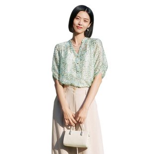 【100%桑蚕丝】歌蒂诗夏专柜时尚气质V领浅绿色短袖小衫8E25S1126