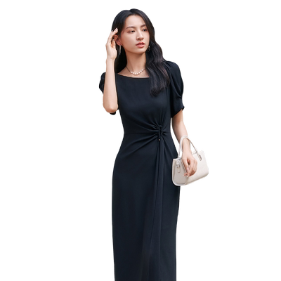 歌蒂诗夏专柜新款修身显瘦优雅性感开叉黑色连衣裙 8E21L3414