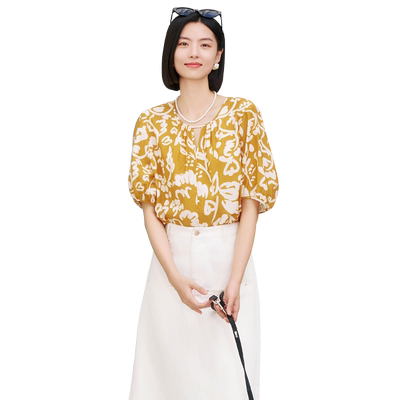 歌蒂诗夏专柜新款时尚印花含桑蚕丝心机领口泡泡袖短袖 8E24S1182