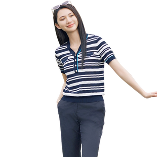 歌蒂诗夏季专柜新款经典条纹撞色V领设计针织短袖女1E23Z1542
