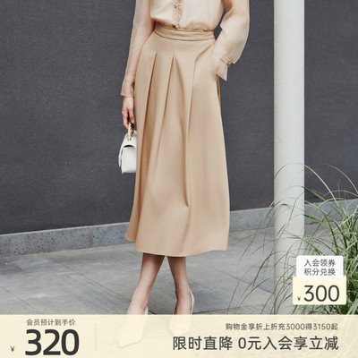 歌蒂诗春季专柜新款优雅大气卡其色百褶过膝半身裙 8E32Q3832