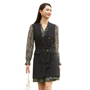 歌蒂诗春季专柜新款时尚通勤简约黑色马甲连衣裙女8D11L0915