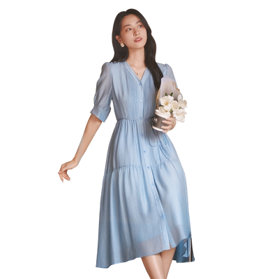 【100%桑蚕丝】歌蒂诗夏专柜新款优雅气质V领蓝色连衣裙8E23L3861
