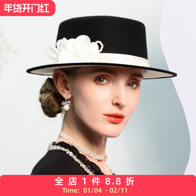 EE 秋冬新款 英伦时尚平檐毛呢礼帽 优雅百搭冬季名媛羊毛帽