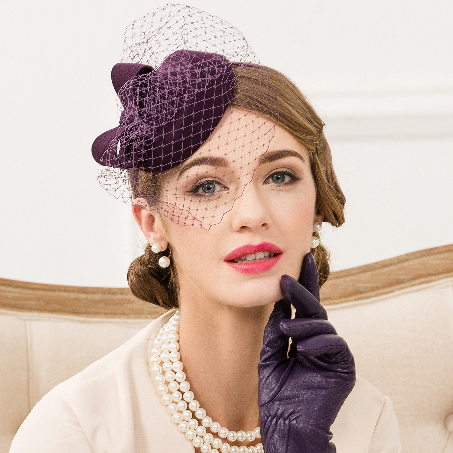 EE 欧美时尚帽子女 复古羊毛复古酒红色 英式宴会小礼帽呢子帽