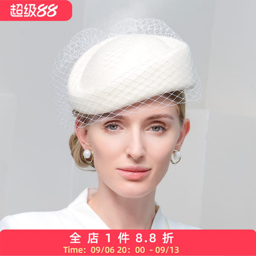 EE 秋冬新款英伦复古羊毛小礼帽复古网纱毛呢贝雷帽时尚帽子女