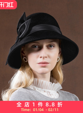 EE秋冬新款英伦女士灰色羊毛礼帽冬季时尚潮渔夫帽欧美优雅帽子女