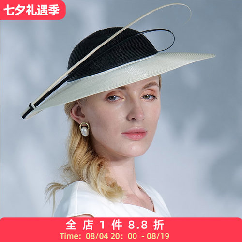EE 夏季新款黑白经典拼接羽毛杆时尚优雅礼帽摩登圆顶防晒帽