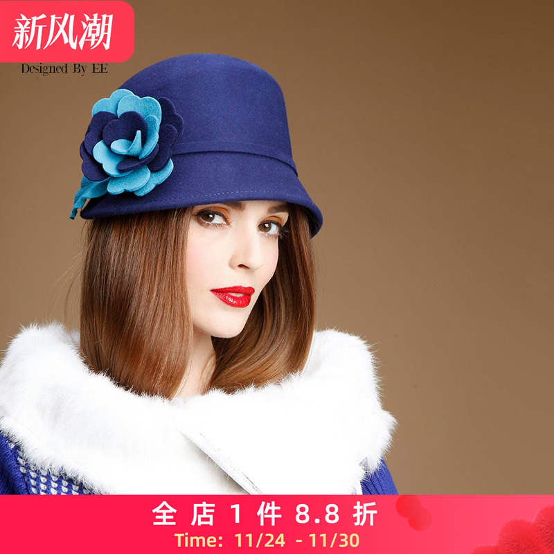 ee新款花朵时尚可调节式羊毛帽