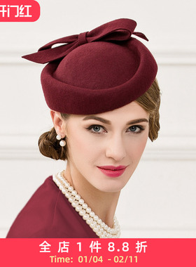 EE 秋季新款英伦帽子女 羊毛复古酒红色英式宴会小礼帽