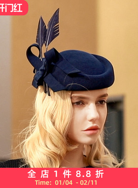 EE 设计师原创 英式羊毛小礼帽 优雅百搭羽毛帽 整张欧美帽子女