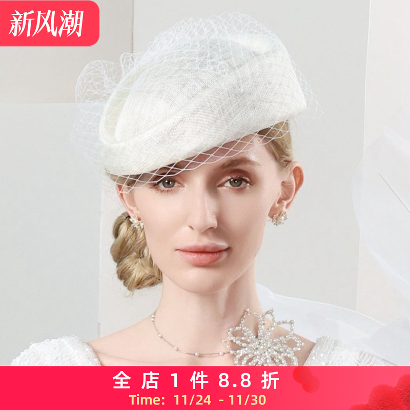 EE 夏季新款麻纱手工编织网纱装饰贝雷帽洋气女帽晚宴礼帽