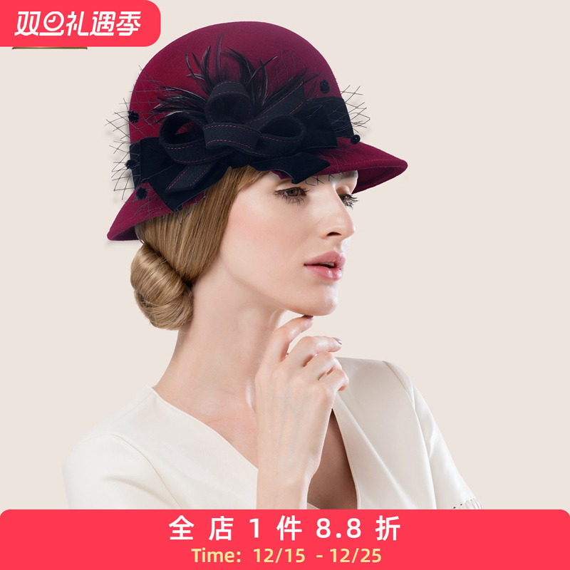 EE 冬季时尚新款羊毛呢帽 花朵优雅女帽 出游逛街呢子礼帽
