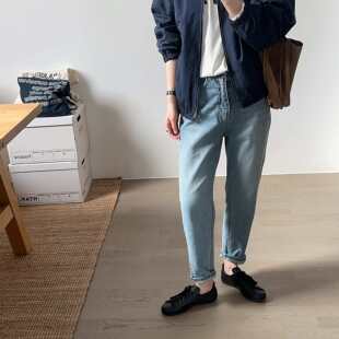 清新时尚 韩代26ss 水洗蓝色高腰宽松显瘦百搭锥形牛仔裤 小喵