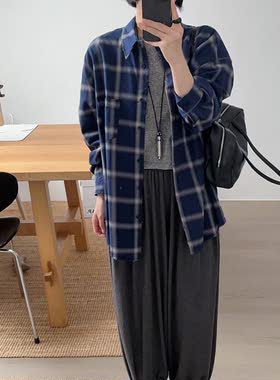 韩代26fw做旧格子宽松长袖衬衫