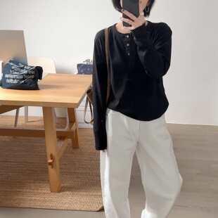 小喵 亨利衫 韩代26ss 基础纯色棉质前开扣显瘦百搭长袖 T恤 经典
