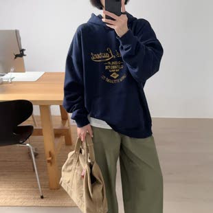 【小喵】韩代26fw 复古松弛感美式撞色字母连帽宽松中长款卫衣2色
