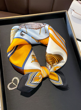 高档橙色拼色骏马丝巾真丝围巾女春秋季薄款桑蚕丝小方巾领巾纱巾