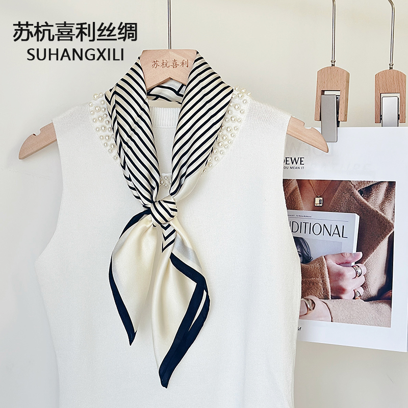 100%桑蚕丝韩系条纹丝巾女围巾