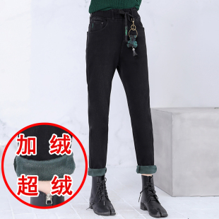 潮 女牛仔裤 2025冬新款 阿凡牛6780黑色松紧腰加厚加绒保暖老爹跨裤