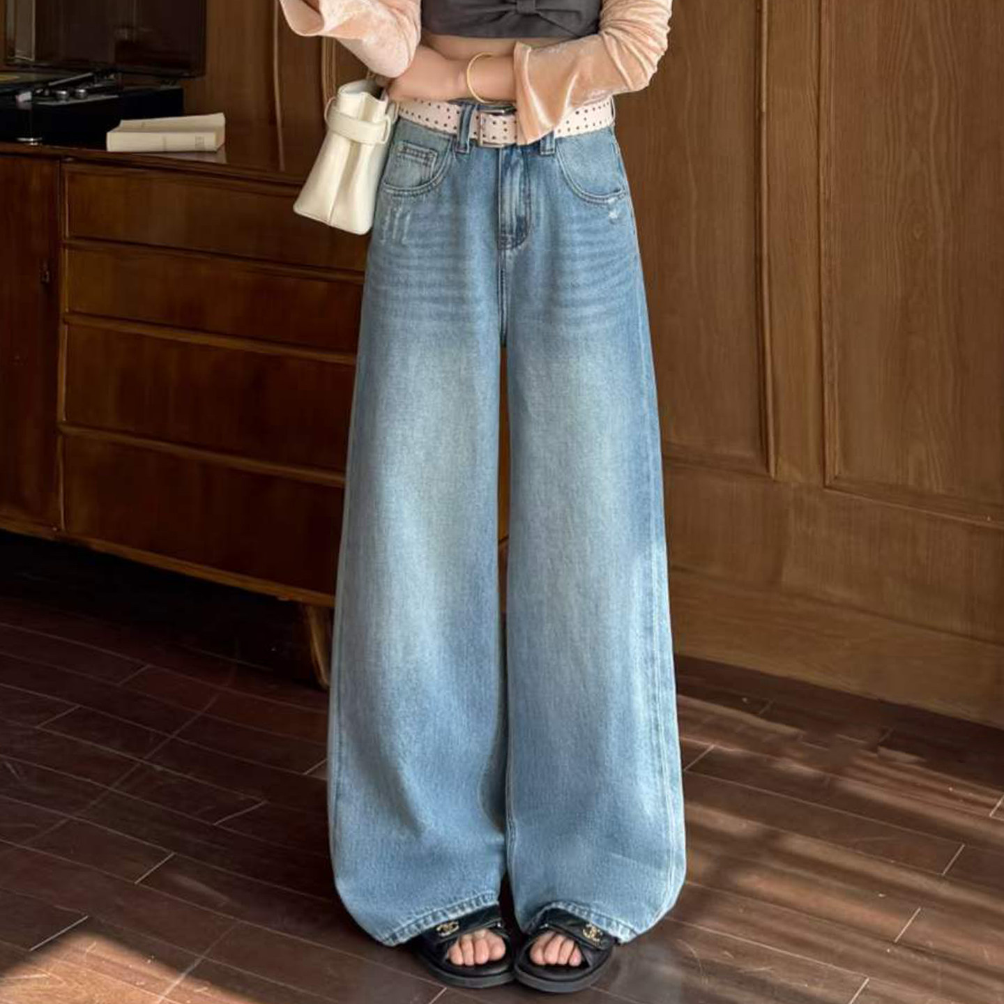 2026春新款Jeans阿凡牛5528磨破洞宽松显瘦窄版女牛仔直筒阔腿裤
