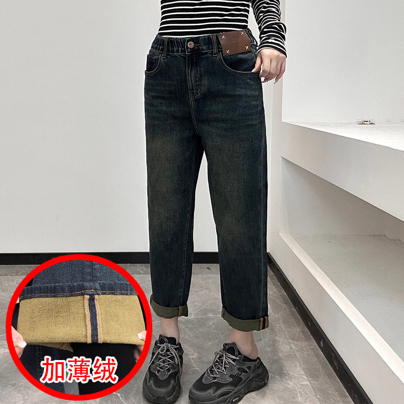 2025秋冬阿凡牛3035后松紧腰底抓毛薄绒宽松老爹垮裤弹力女牛仔裤