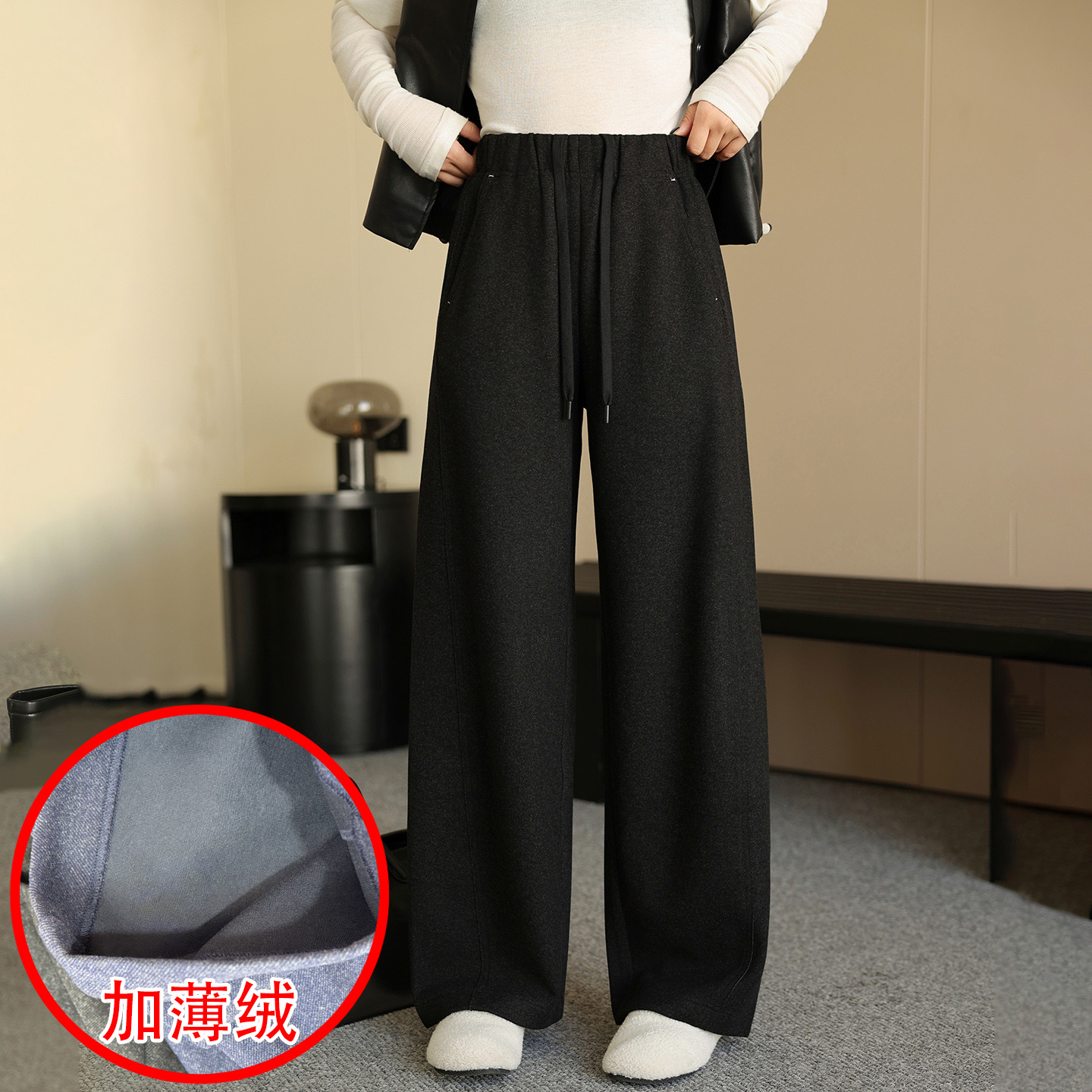 加薄绒宽松女牛仔弯刀裤阔腿裤