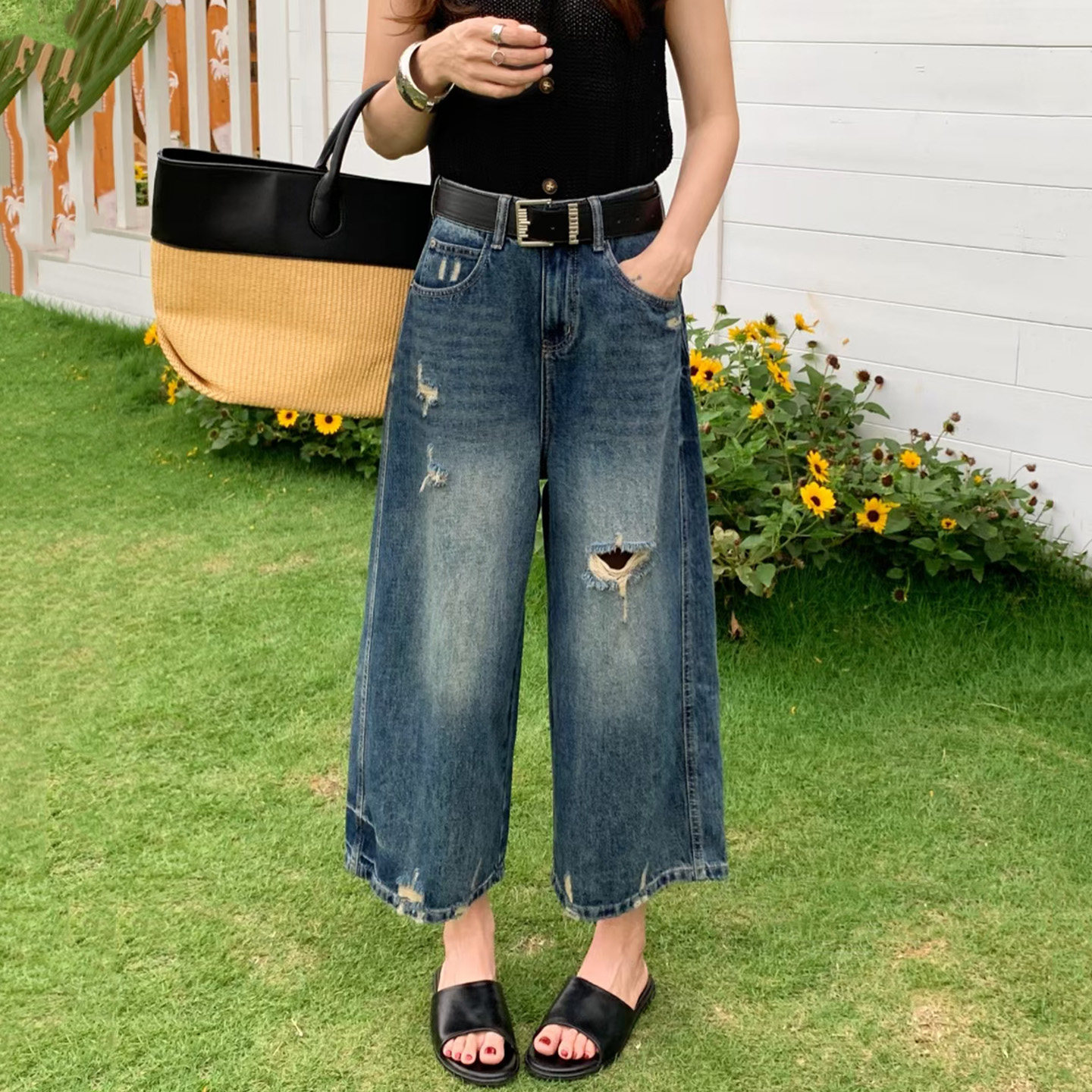 2026夏新款jeans阿凡牛A5637个性磨破洞窄版八分女牛仔直筒阔腿裤