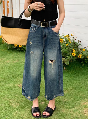 2026夏新款jeans阿凡牛A5637个性磨破洞窄版八分女牛仔直筒阔腿裤