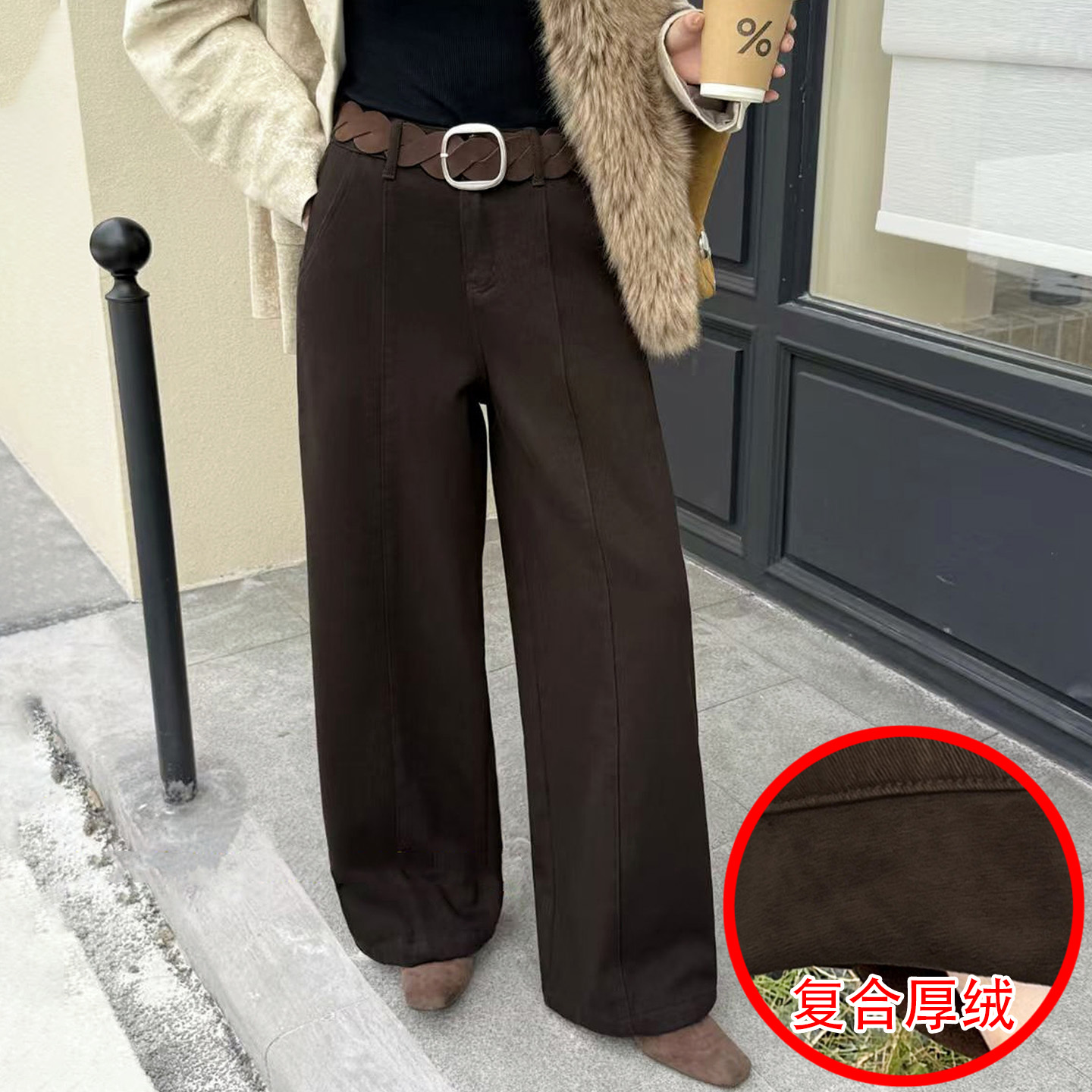 冬季复合绒超柔女牛仔阔腿弯刀裤