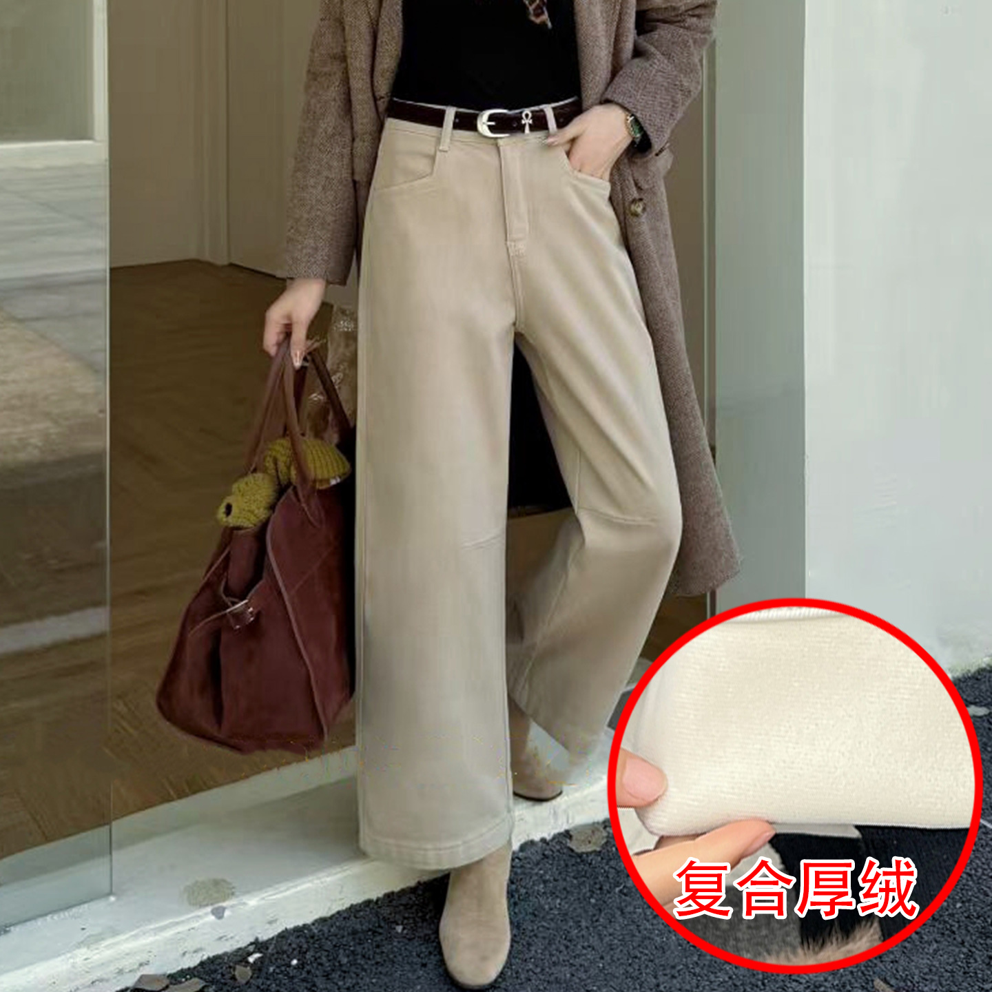 冬新款复合绒显瘦牛仔直筒奶奶裤