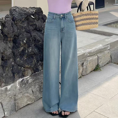 春浅蓝宽松窄版显瘦女牛仔阔腿裤