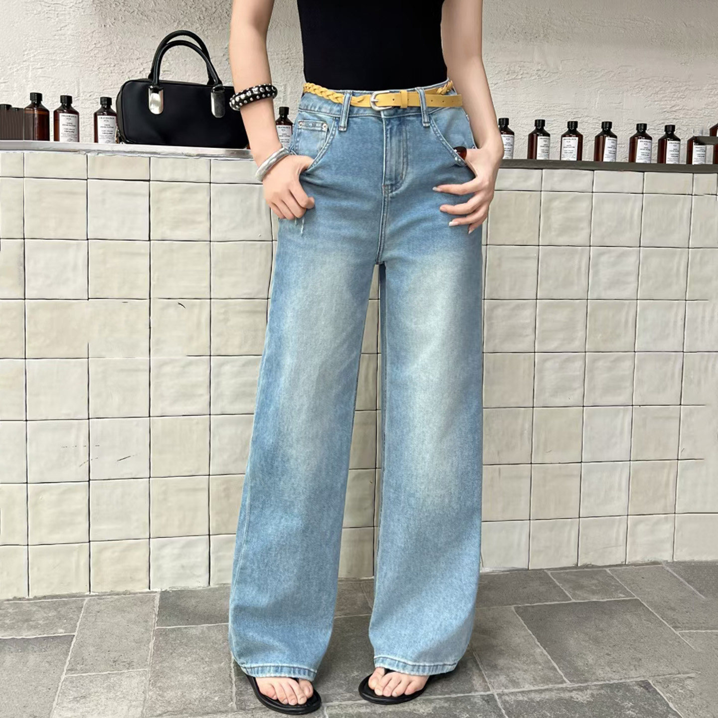 2026夏新款Jeans阿凡牛A5680磨破洞宽松窄版薄款女牛仔直筒阔腿裤
